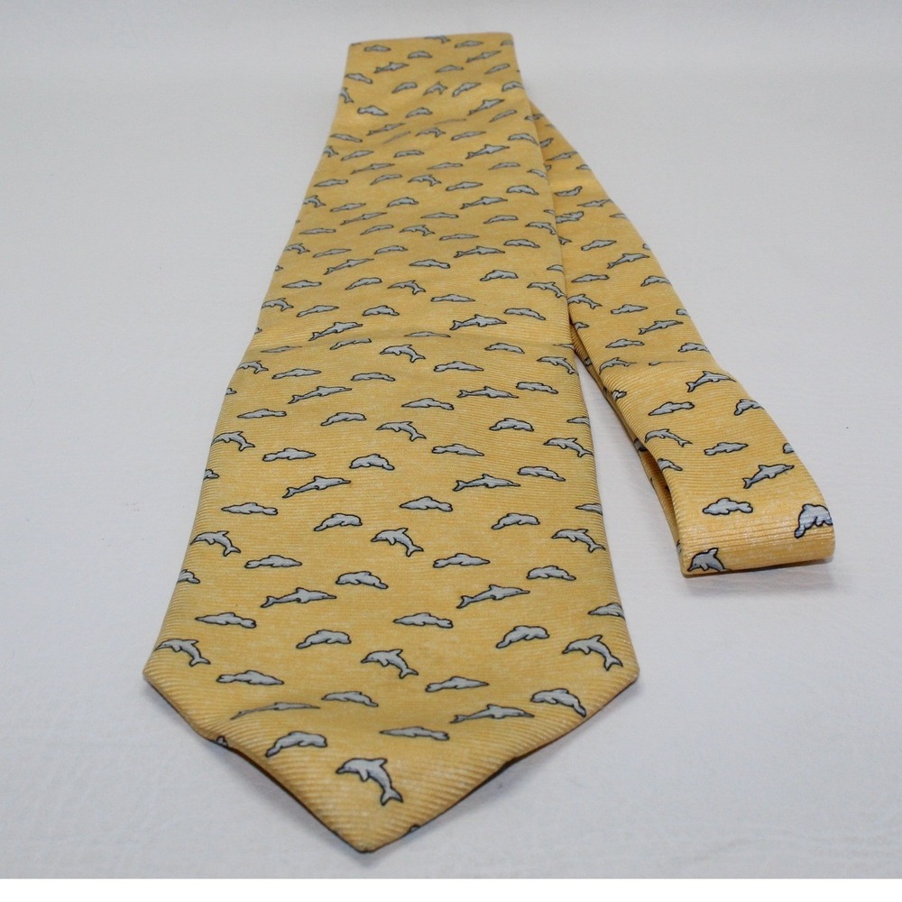 Les Copains Yellow Silk Dolphin Print Tie Made in Italy‎ Nautical Mens Necktie